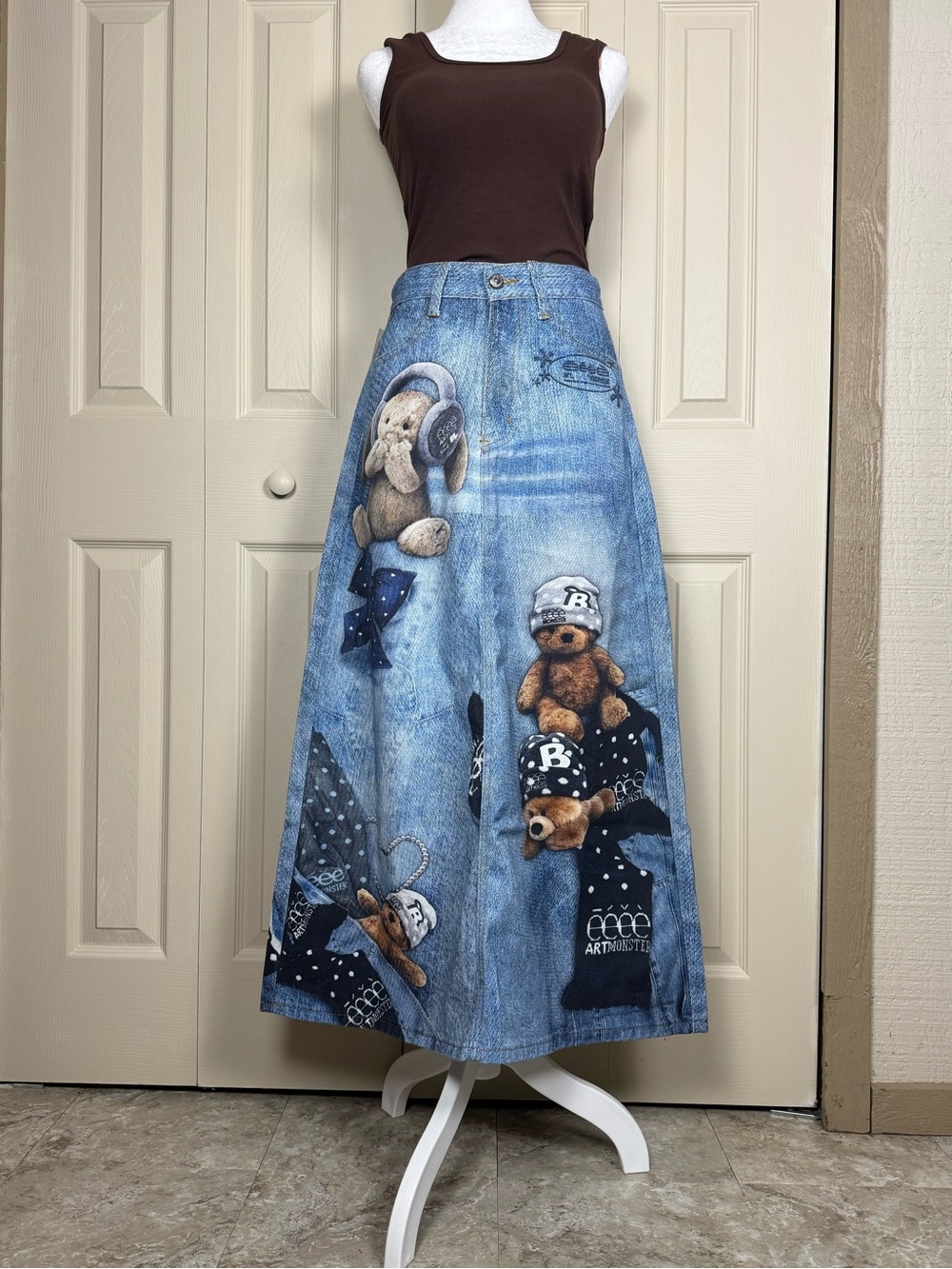 Denim-Look Teddy Print Maxi Skirt - Blue